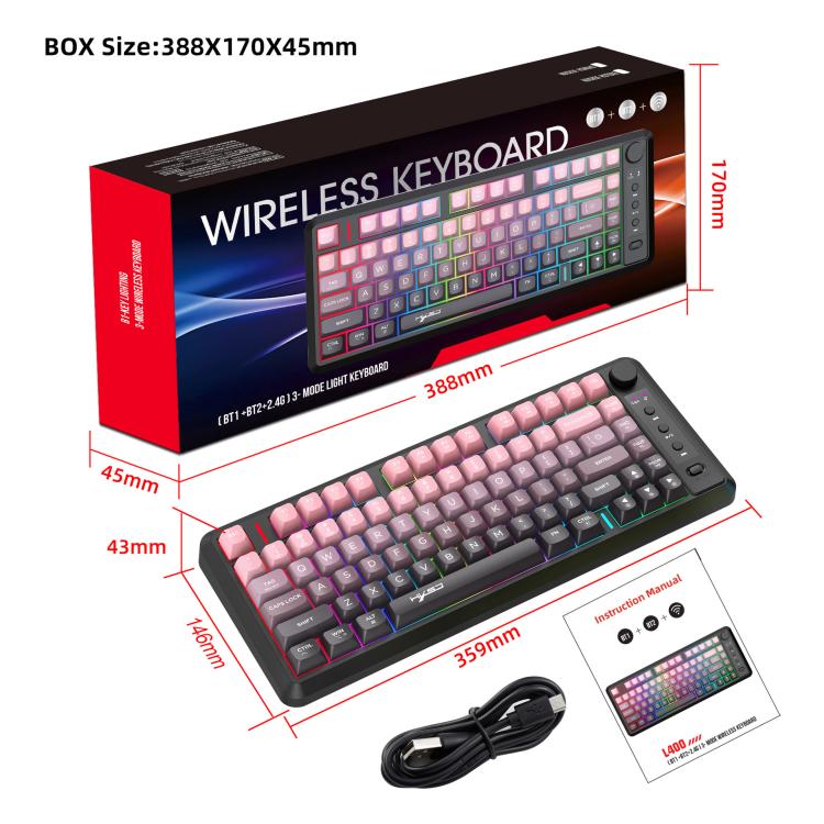 HXSJ L400 Three-mode Wireless RGB Light Thin Film 81 Keys Keyboard(Gradient Black Pink) - Wireless Keyboard by HXSJ | Online Shopping UK | buy2fix