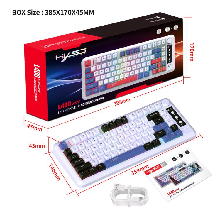 HXSJ L400 Three-mode Wireless RGB Light Thin Film 81 Keys Keyboard(Black White Blue) - Wireless Keyboard by HXSJ | Online Shopping UK | buy2fix