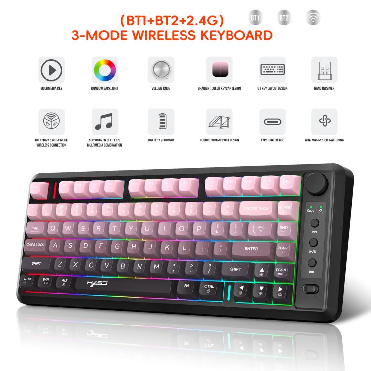 HXSJ L400 Three-mode Wireless RGB Light Thin Film 81 Keys Keyboard(Gradient Black Pink) - Wireless Keyboard by HXSJ | Online Shopping UK | buy2fix