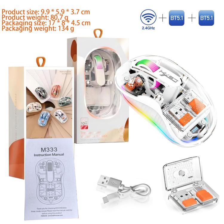 HXSJ M333 Three Modes Transparent Wireless Mouse(White) - Wireless Mice by HXSJ | Online Shopping UK | buy2fix