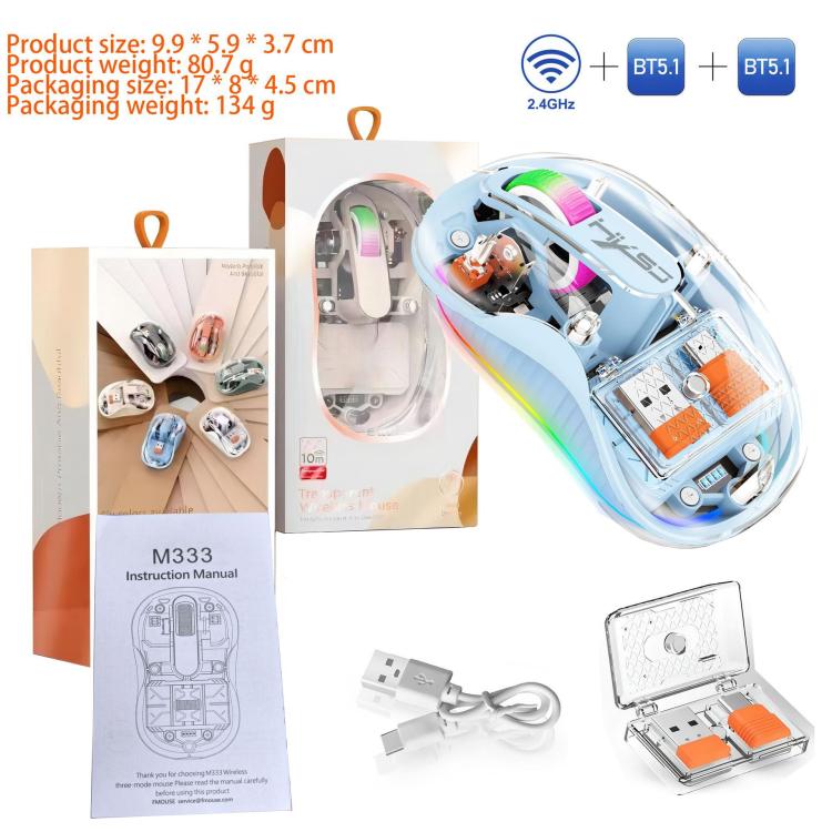 HXSJ M333 Three Modes Transparent Wireless Mouse(Blue) - Wireless Mice by HXSJ | Online Shopping UK | buy2fix