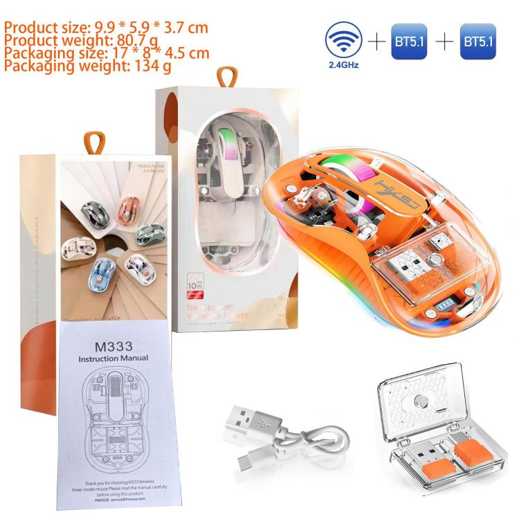 HXSJ M333 Three Modes Transparent Wireless Mouse(Orange) - Wireless Mice by HXSJ | Online Shopping UK | buy2fix
