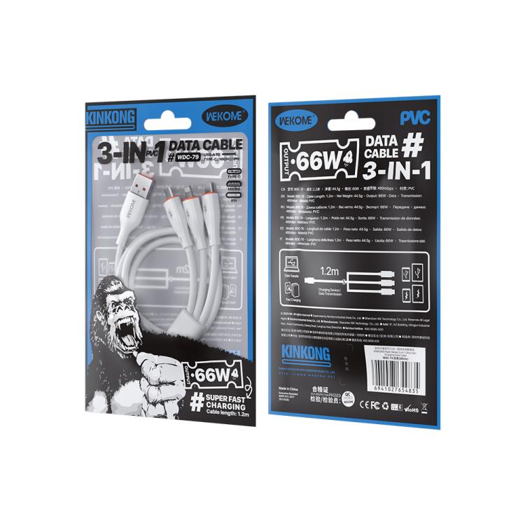 WK WDC-79 3 in 1 Kinkong Flash Series 1.2m 66W PVC Fast Charging Data Cable, Interface:USB to Type-C+8 Pin+Micro(White) - Multifunctional Cable by WK | Online Shopping UK | buy2fix