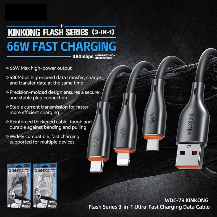 WK WDC-79 3 in 1 Kinkong Flash Series 1.2m 66W PVC Fast Charging Data Cable, Interface:USB to Type-C+8 Pin+Micro(White) - Multifunctional Cable by WK | Online Shopping UK | buy2fix