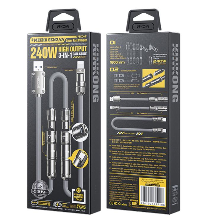 WK WDC-77 Convertible 3 in 1 240W Ultra-Fast ChargingTrue Silicone Data Cable, Interface:6 in 1(Gray) - Multifunctional Cable by WK | Online Shopping UK | buy2fix