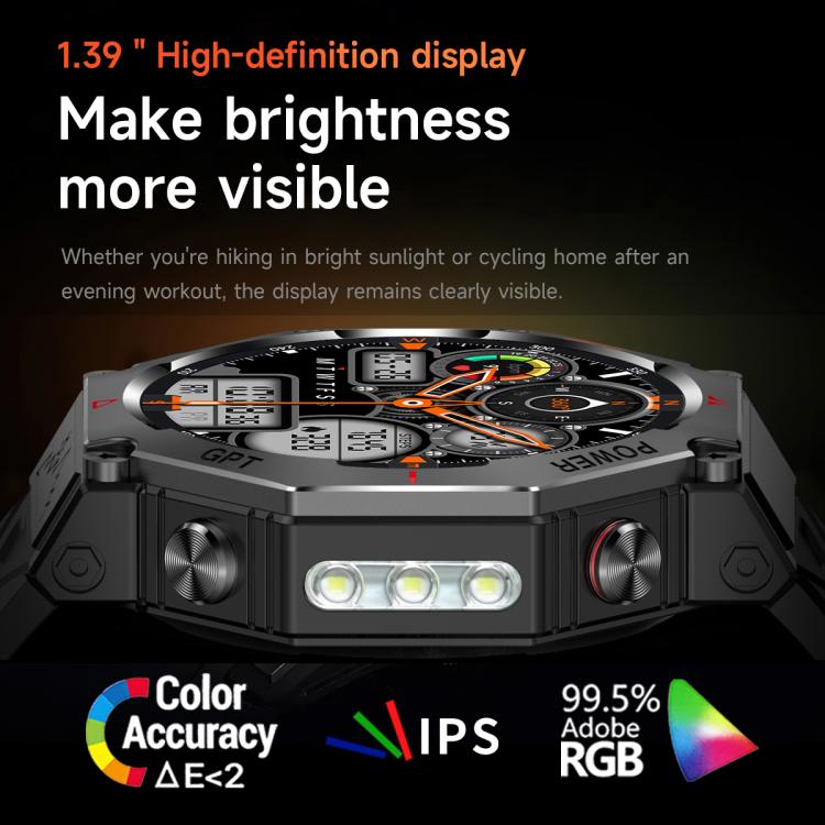 KC91 1.39 inch IPS Screen 3ATM Outdoor GPS Smart Watch with Flashlight(Black) - Smart Watches by buy2fix | Online Shopping UK | buy2fix
