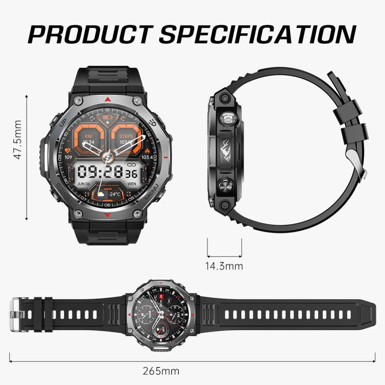 KT85 1.43 inch Screen 5ATM Outdoor Sports Smart Watch with Strong Flashlight(Black) - Smart Watches by buy2fix | Online Shopping UK | buy2fix