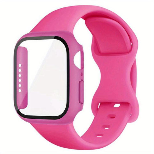 For Apple Watch Series 10 / 11 46mm Butterfly Buckle Silicone Watch Band with Film Integrated PC Cover(Rose Red)