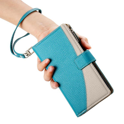 For iPhone Air Stitching Multi-card Zipper Wallet Leather Phone Case with Short Strap(Blue) - iPhone Air Cases by buy2fix | Online Shopping UK | buy2fix