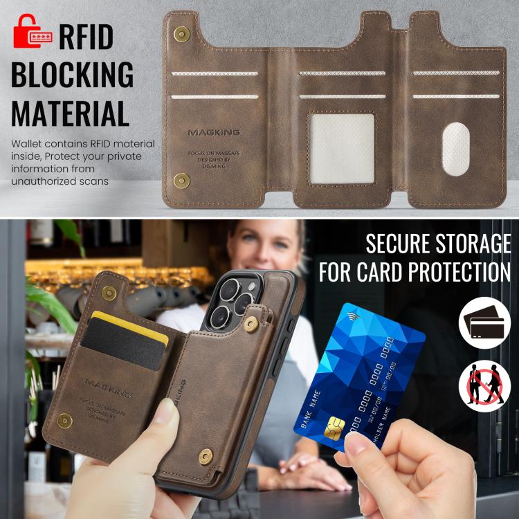 For iPhone 16 Pro DG.MING MAGKING-K3 Series MagSafe RFID Card Bag Detachable Phone Case(Coffee) - iPhone 16 Pro Cases by DG.MING | Online Shopping UK | buy2fix