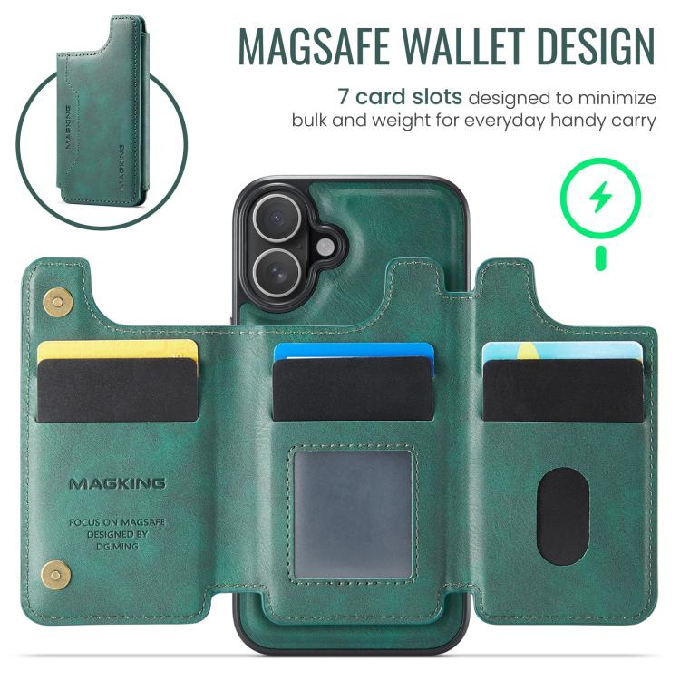 For iPhone 16 Plus DG.MING MAGKING-K3 Series MagSafe RFID Card Bag Detachable Phone Case(Green) - iPhone 16 Plus Cases by DG.MING | Online Shopping UK | buy2fix