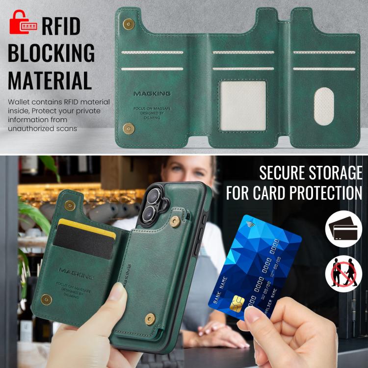 For iPhone 16 Plus DG.MING MAGKING-K3 Series MagSafe RFID Card Bag Detachable Phone Case(Green) - iPhone 16 Plus Cases by DG.MING | Online Shopping UK | buy2fix