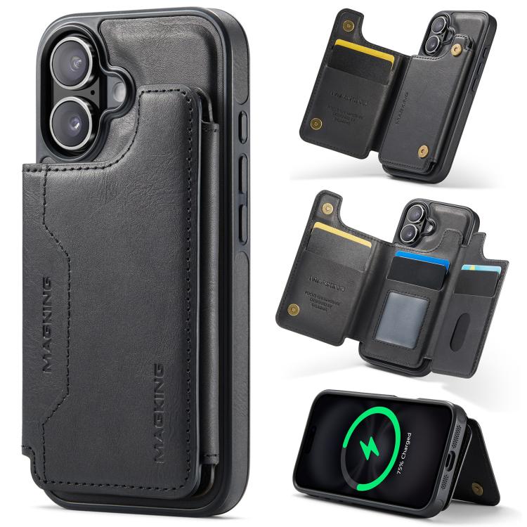 For iPhone 16 DG.MING MAGKING-K3 Series MagSafe RFID Card Bag Detachable Phone Case(Black) - iPhone 16 Cases by DG.MING | Online Shopping UK | buy2fix