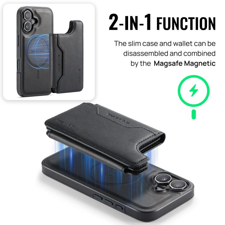 For iPhone 16 DG.MING MAGKING-K3 Series MagSafe RFID Card Bag Detachable Phone Case(Black) - iPhone 16 Cases by DG.MING | Online Shopping UK | buy2fix