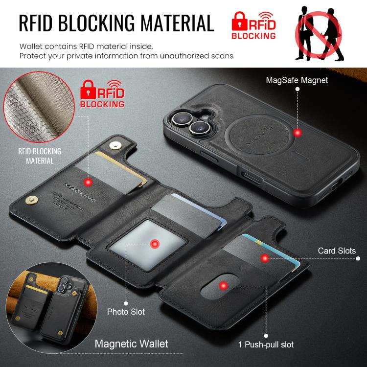For iPhone 16 DG.MING MAGKING-K3 Series MagSafe RFID Card Bag Detachable Phone Case(Black) - iPhone 16 Cases by DG.MING | Online Shopping UK | buy2fix