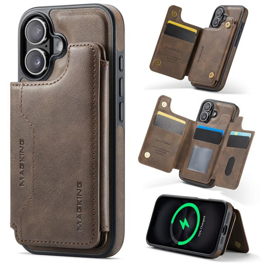 For iPhone 16 MAGKING K3 Series MagSafe RFID Card Bag Detachable Phone Case(Coffee)