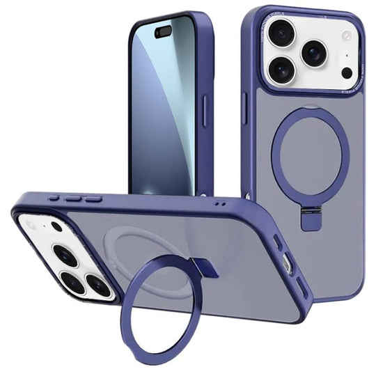 For iPhone 18 Pro Max / 17 Pro Max Kalebol Metal Lens Frame MagSafe Holder Frosted PC Phone Case(Navy Blue)