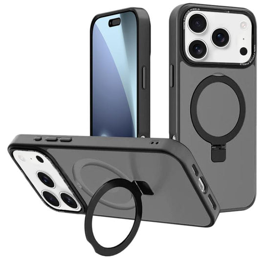 For iPhone 18 Pro Max / 17 Pro Max Kalebol Metal Lens Frame MagSafe Holder Frosted PC Phone Case(Black)
