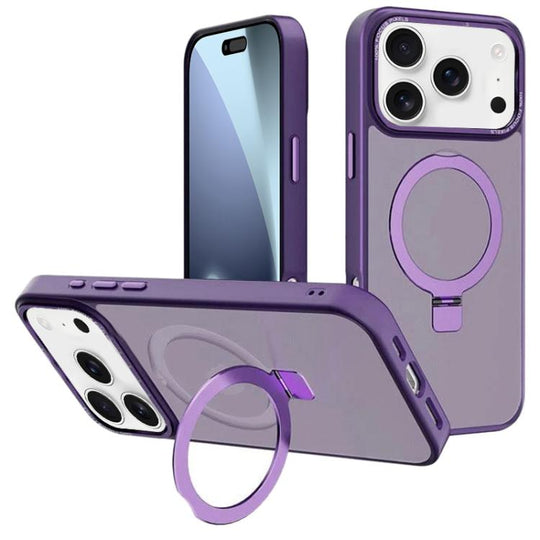 For iPhone 18 Pro Max / 17 Pro Max Kalebol Metal Lens Frame MagSafe Holder Frosted PC Phone Case(Dark Purple)