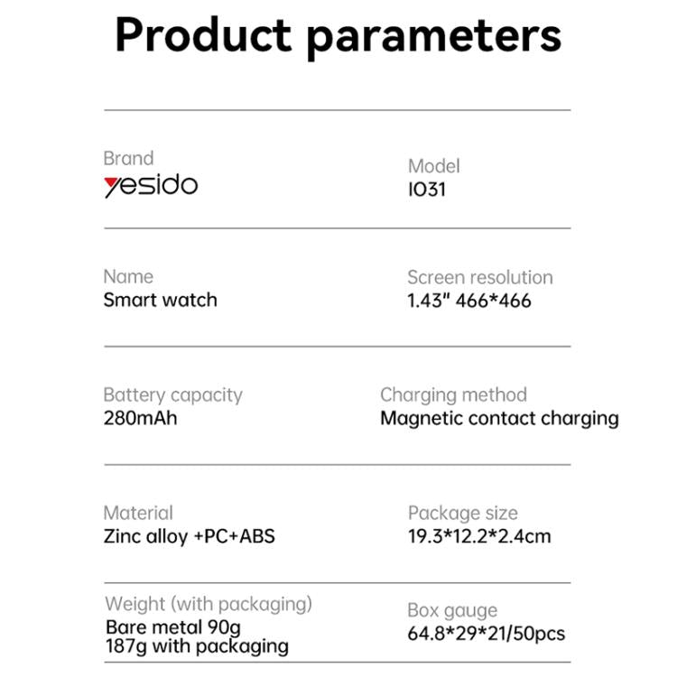 Yesido IO31 1.43 inch AMOLED Screen Smart Watch Support BT Call / Heart Rate(Black) - Smart Watches by Yesido | Online Shopping UK | buy2fix