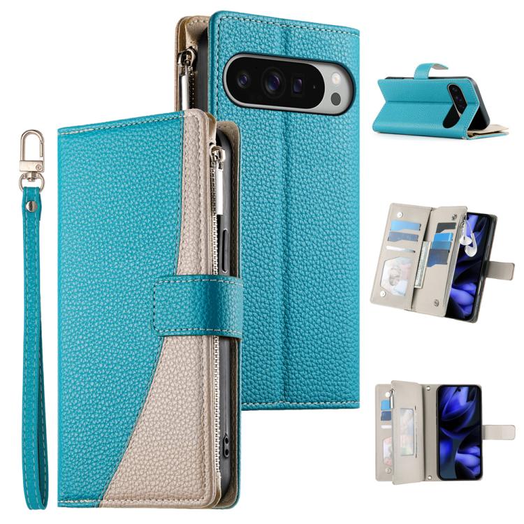 For Google Pixel 9 Pro XL / Pixel 10 Pro XL Stitching Multi-card Zipper Wallet Leather Phone Case with Short Strap(Blue) - Google Cases by buy2fix | Online Shopping UK | buy2fix