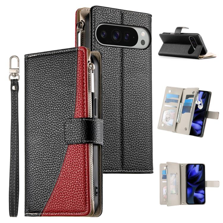 For Google Pixel 9 Pro XL / Pixel 10 Pro XL Stitching Multi-card Zipper Wallet Leather Phone Case with Short Strap(Black) - Google Cases by buy2fix | Online Shopping UK | buy2fix