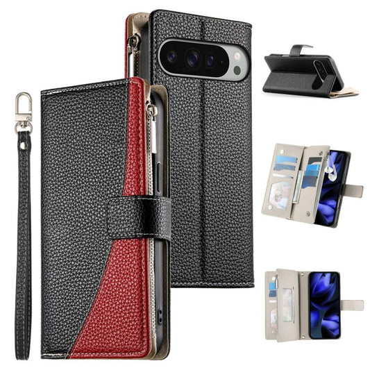 For Google Pixel 9 Pro XL / Pixel 10 Pro XL Stitching Multi-card Zipper Wallet Leather Phone Case with Short Strap(Black) - Google Cases by buy2fix | Online Shopping UK | buy2fix