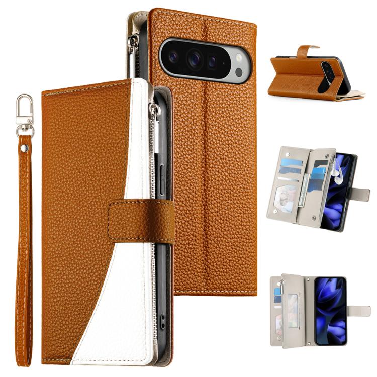 For Google Pixel 9 Pro XL / Pixel 10 Pro XL Stitching Multi-card Zipper Wallet Leather Phone Case with Short Strap(Brown) - Google Cases by buy2fix | Online Shopping UK | buy2fix
