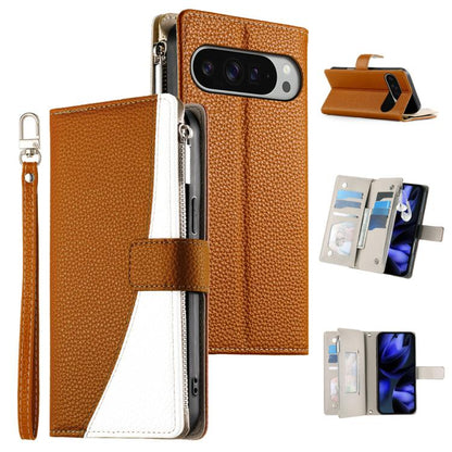 For Google Pixel 9 Pro XL / Pixel 10 Pro XL Stitching Multi-card Zipper Wallet Leather Phone Case with Short Strap(Brown) - Google Cases by buy2fix | Online Shopping UK | buy2fix