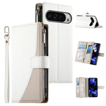 For Google Pixel 9 Pro XL / Pixel 10 Pro XL Stitching Multi-card Zipper Wallet Leather Phone Case with Short Strap(White) - Google Cases by buy2fix | Online Shopping UK | buy2fix