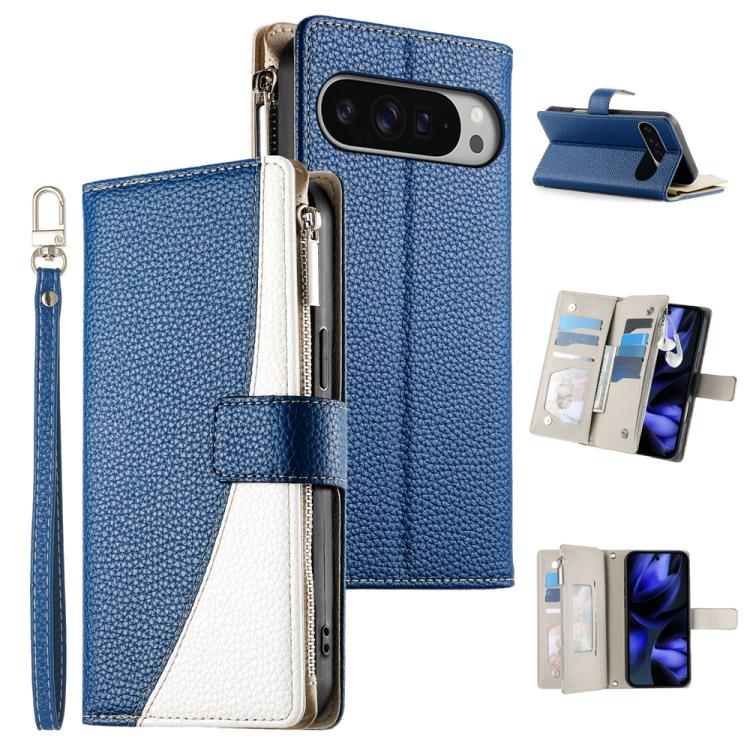 For Google Pixel 9 Pro XL / Pixel 10 Pro XL Stitching Multi-card Zipper Wallet Leather Phone Case with Short Strap(Dark Blue) - Google Cases by buy2fix | Online Shopping UK | buy2fix