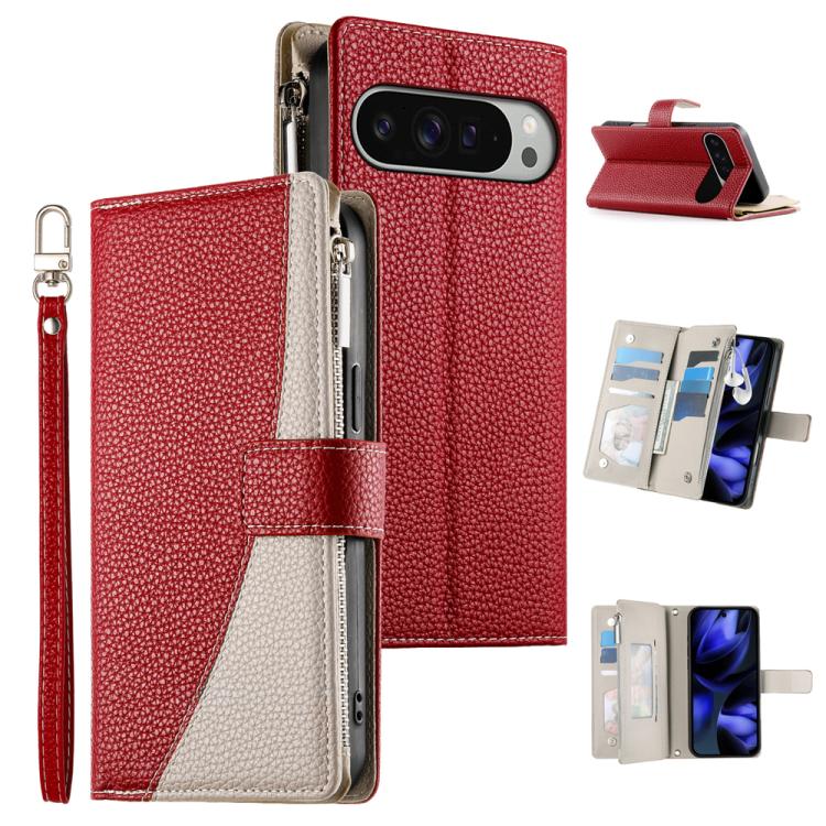For Google Pixel 9 Pro XL / Pixel 10 Pro XL Stitching Multi-card Zipper Wallet Leather Phone Case with Short Strap(Red) - Google Cases by buy2fix | Online Shopping UK | buy2fix