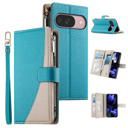 For Google Pixel 9 / 9 Pro / 10 / 10 Pro Stitching Multi-card Zipper Wallet Leather Phone Case with Short Strap(Blue) - Google Cases by buy2fix | Online Shopping UK | buy2fix