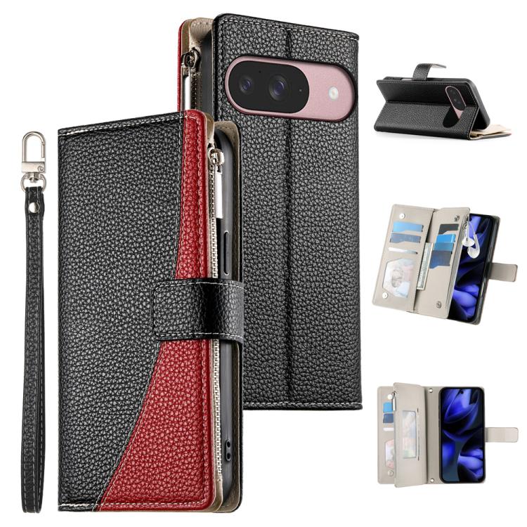 For Google Pixel 9 / 9 Pro / 10 / 10 Pro Stitching Multi-card Zipper Wallet Leather Phone Case with Short Strap(Black) - Google Cases by buy2fix | Online Shopping UK | buy2fix
