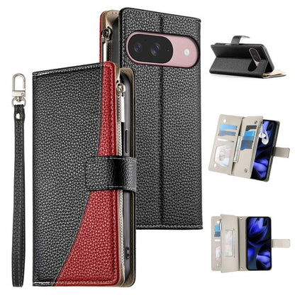 For Google Pixel 9 / 9 Pro / 10 / 10 Pro Stitching Multi-card Zipper Wallet Leather Phone Case with Short Strap(Black) - Google Cases by buy2fix | Online Shopping UK | buy2fix