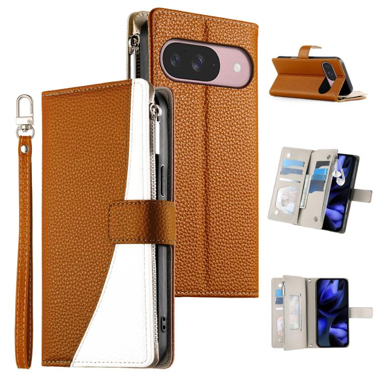 For Google Pixel 9 / 9 Pro / 10 / 10 Pro Stitching Multi-card Zipper Wallet Leather Phone Case with Short Strap(Brown) - Google Cases by buy2fix | Online Shopping UK | buy2fix