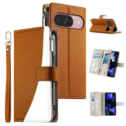 For Google Pixel 9 / 9 Pro / 10 / 10 Pro Stitching Multi-card Zipper Wallet Leather Phone Case with Short Strap(Brown) - Google Cases by buy2fix | Online Shopping UK | buy2fix
