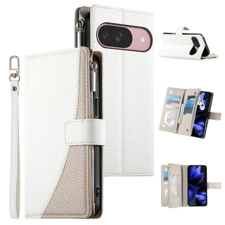 For Google Pixel 9 / 9 Pro / 10 / 10 Pro Stitching Multi-card Zipper Wallet Leather Phone Case with Short Strap(White) - Google Cases by buy2fix | Online Shopping UK | buy2fix