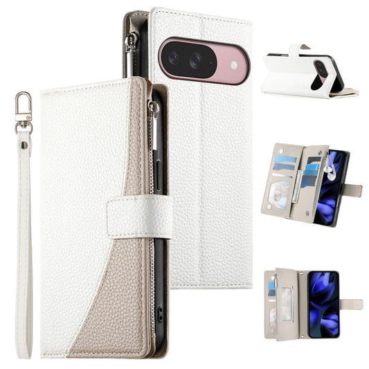For Google Pixel 9 / 9 Pro / 10 / 10 Pro Stitching Multi-card Zipper Wallet Leather Phone Case with Short Strap(White) - Google Cases by buy2fix | Online Shopping UK | buy2fix
