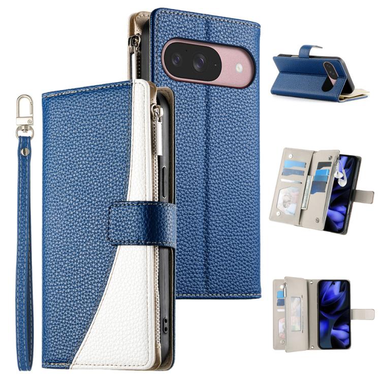 For Google Pixel 9 / 9 Pro / 10 / 10 Pro Stitching Multi-card Zipper Wallet Leather Phone Case with Short Strap(Dark Blue) - Google Cases by buy2fix | Online Shopping UK | buy2fix