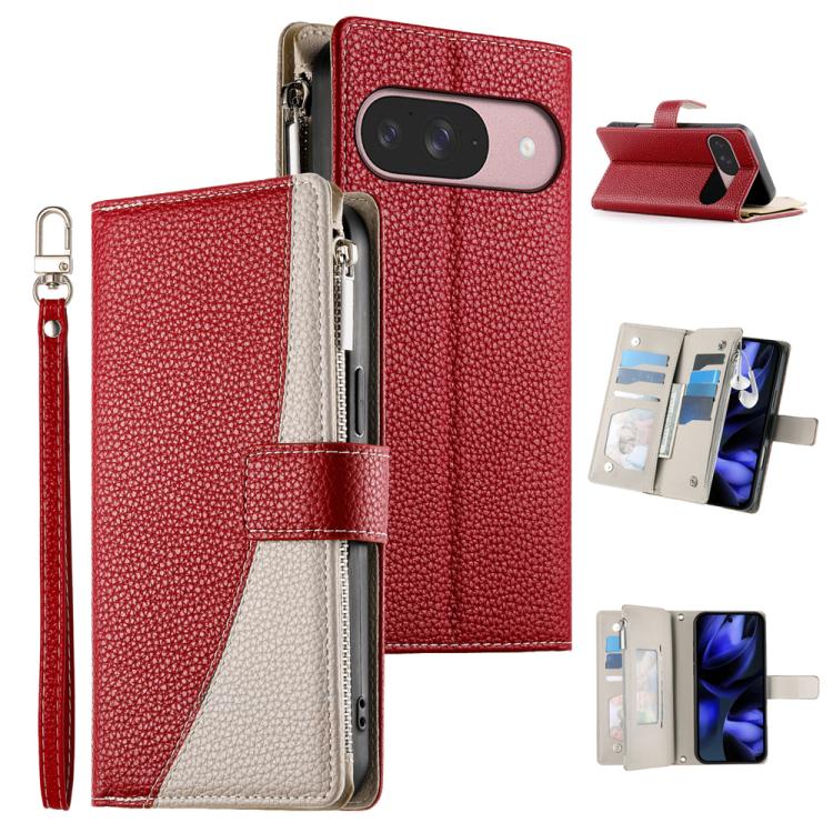 For Google Pixel 9 / 9 Pro / 10 / 10 Pro Stitching Multi-card Zipper Wallet Leather Phone Case with Short Strap(Red) - Google Cases by buy2fix | Online Shopping UK | buy2fix
