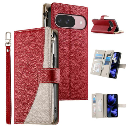 For Google Pixel 9 / 9 Pro / 10 / 10 Pro Stitching Multi-card Zipper Wallet Leather Phone Case with Short Strap(Red) - Google Cases by buy2fix | Online Shopping UK | buy2fix