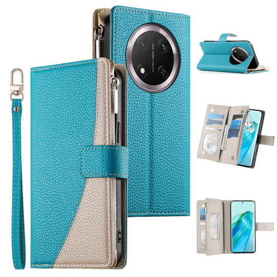 For Honor X9c / Magic7 Lite Stitching Multi-card Zipper Wallet Leather Phone Case with Short Strap(Blue)