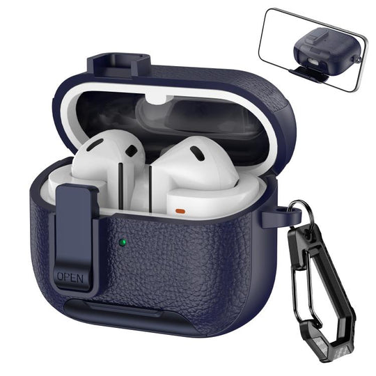 For Samsung Galaxy Buds3 / Buds3 Pro Leather Texture Wireless Earphones Case with Hook & Holder(Dark Blue)