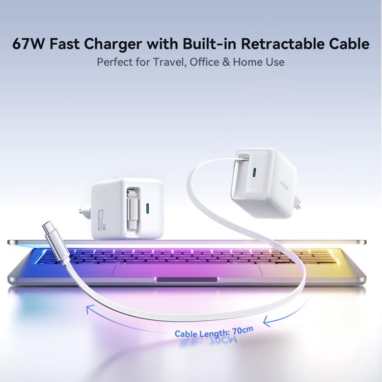 JOYROOM JR-TCL06 67W USB-C / Type-C Port GaN Fast Charger with Retractable Cable, EU Plug(White) - USB Charger by JOYROOM | Online Shopping UK | buy2fix