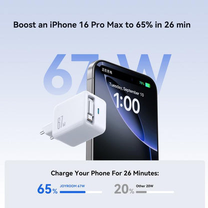 JOYROOM JR-TCL06 67W USB-C / Type-C Port GaN Fast Charger with Retractable Cable, EU Plug(White) - USB Charger by JOYROOM | Online Shopping UK | buy2fix