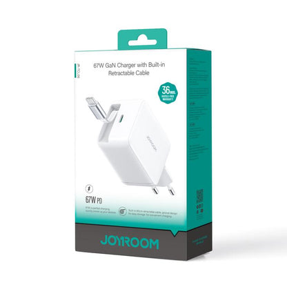 JOYROOM JR-TCL06 67W USB-C / Type-C Port GaN Fast Charger with Retractable Cable, EU Plug(White) - USB Charger by JOYROOM | Online Shopping UK | buy2fix