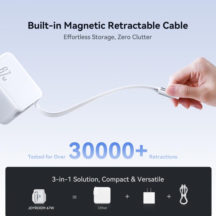 JOYROOM JR-TCL06 67W USB-C / Type-C Port GaN Fast Charger with Retractable Cable, UK Plug(White) - USB Charger by JOYROOM | Online Shopping UK | buy2fix