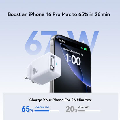 JOYROOM JR-TCL06 67W USB-C / Type-C Port GaN Fast Charger with Retractable Cable, UK Plug(White) - USB Charger by JOYROOM | Online Shopping UK | buy2fix