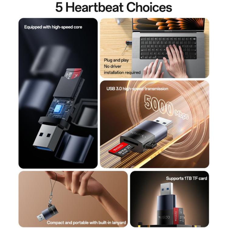 Yesido GS36 USB 3.0 TF Card Reader(Black) -  by Yesido | Online Shopping UK | buy2fix